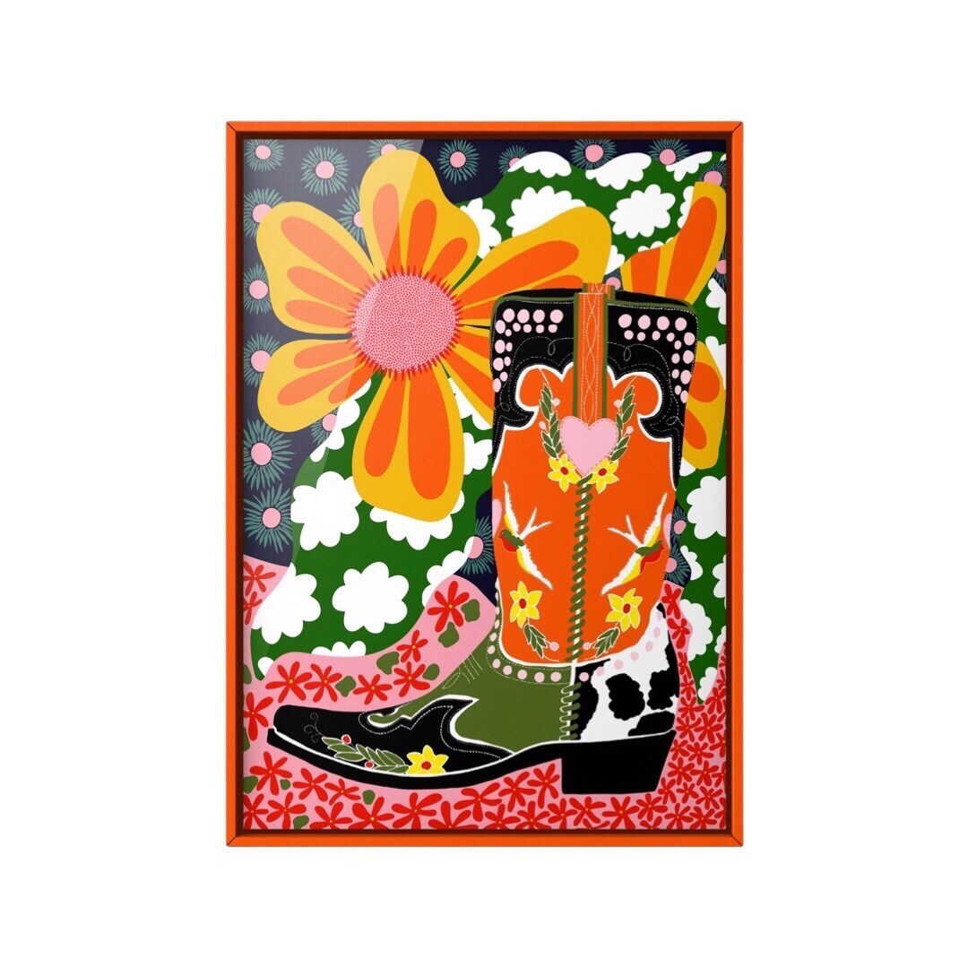 Print featuring a red, black and green cowboy boot surrounded by large yellow and orange flowers and colourful patterns.
