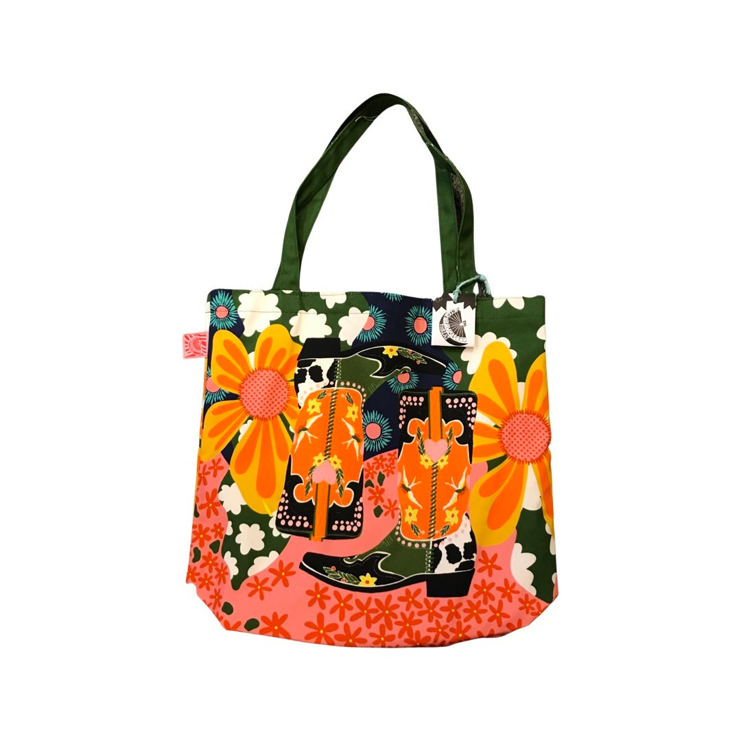 A bright and colourful cowboy boot tote bag.