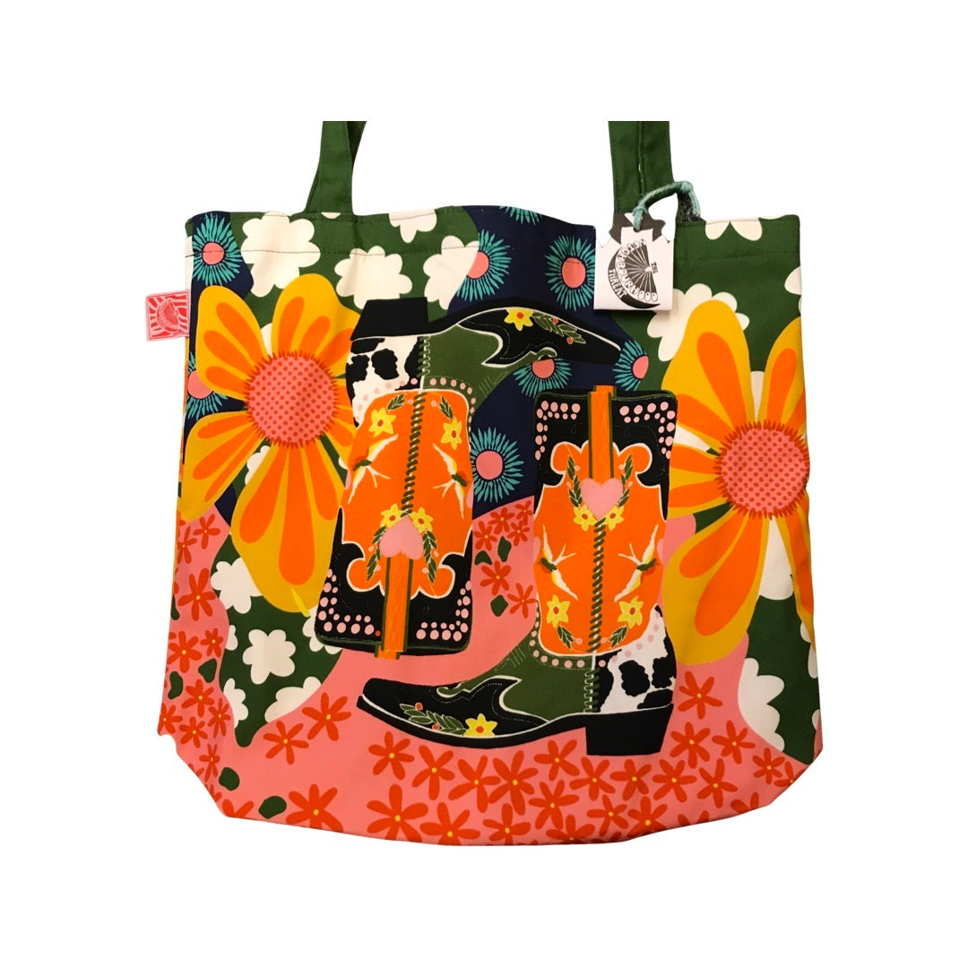 A bright and colourful cowboy boot tote bag.