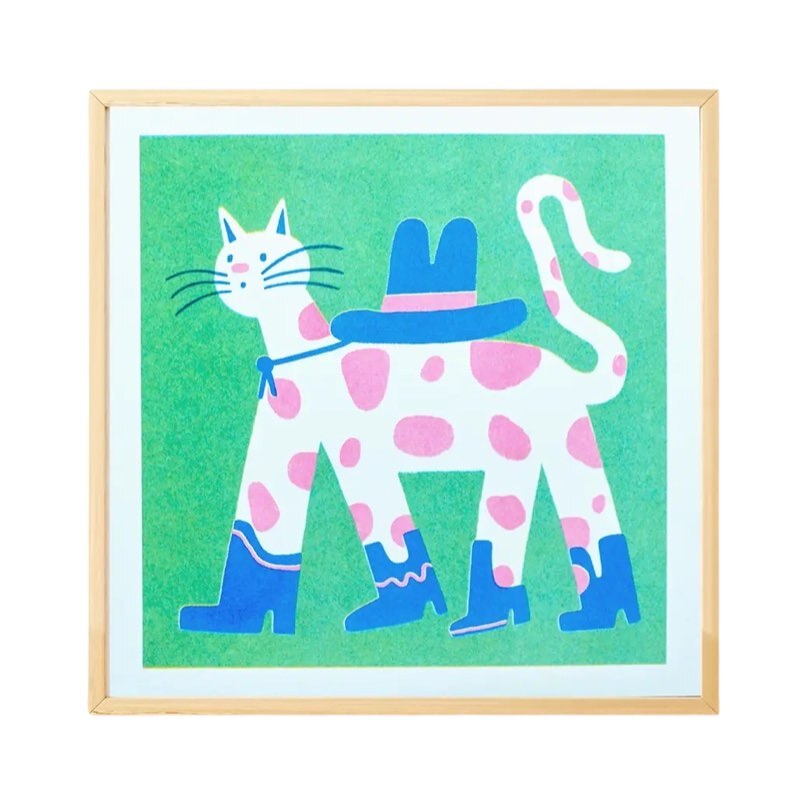 Art print featuring a white cat with pink spots wearing blue cowboy boots and a blue cowboy hat against a green background.