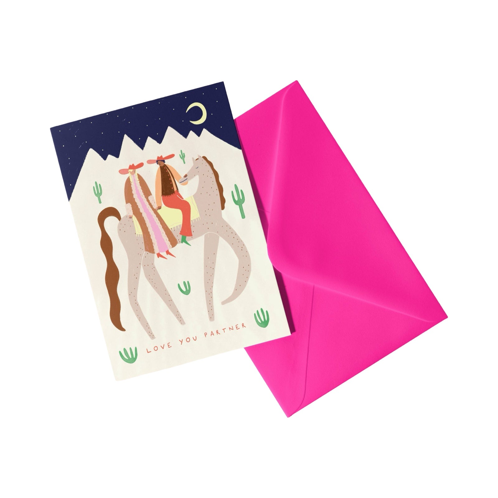Card with horse illustration and pink envelope on white background.