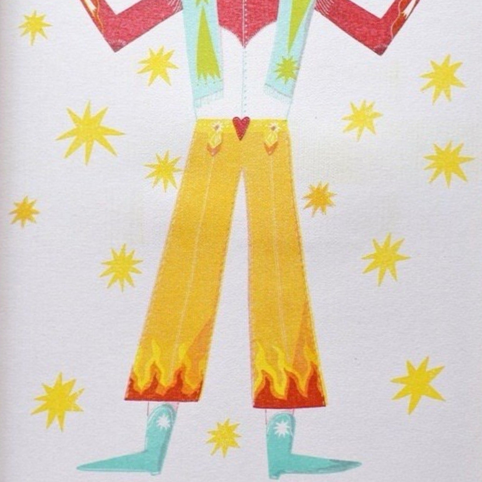 This print features an illustration of a cowboy, dressed in yellow trousers, a red shirt, a green waistcoat and a blue cowboy hat and boots.