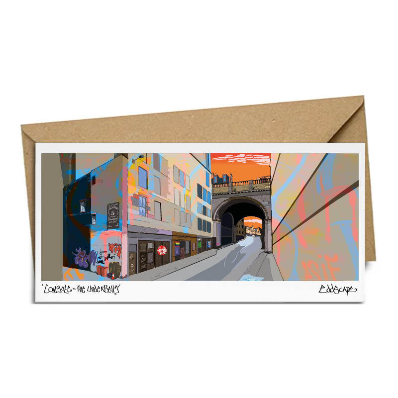 Panoramic card that illustrates the famous Cowgate area of Edinburgh