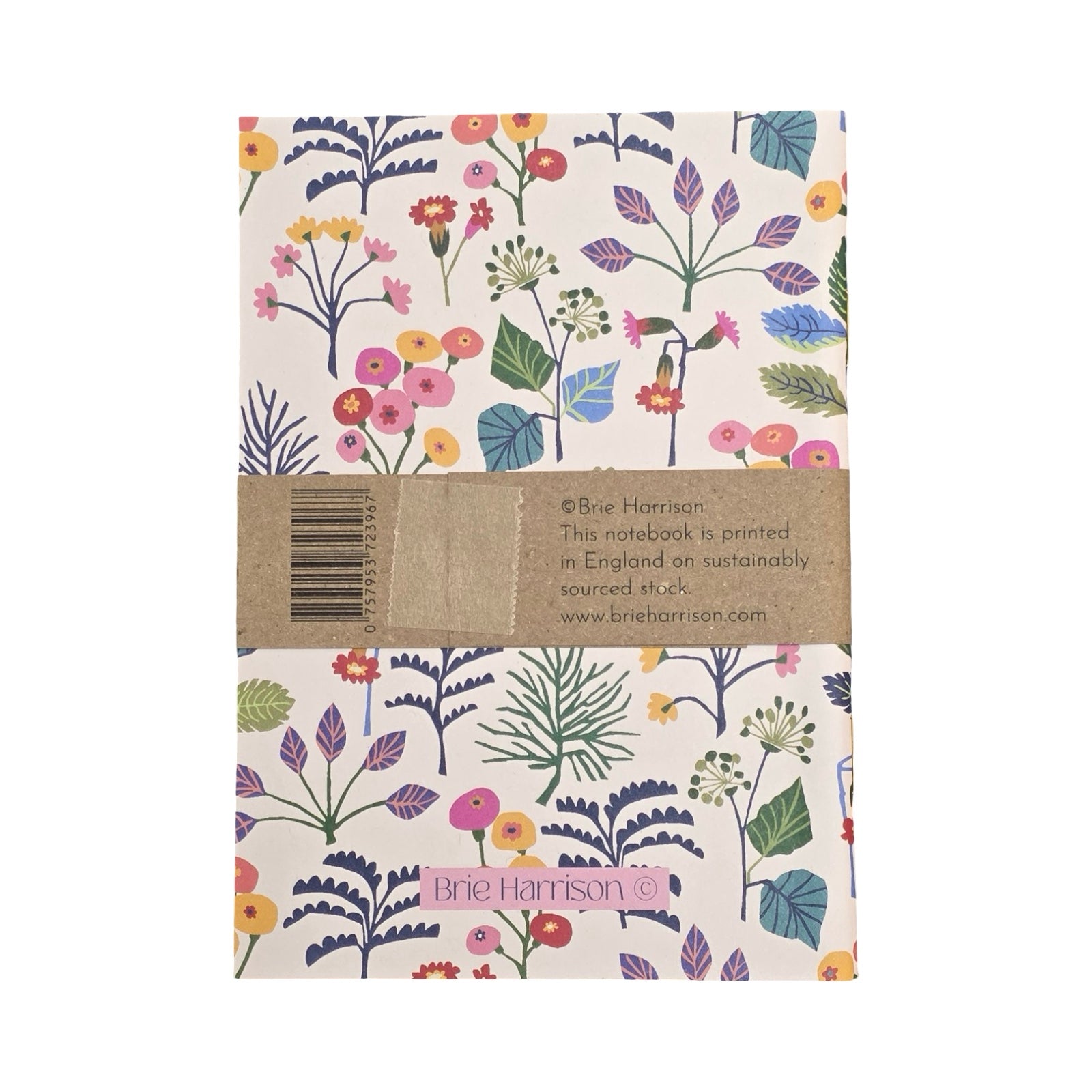 Notebook with floral design and Brie Harrison branding on a white background.