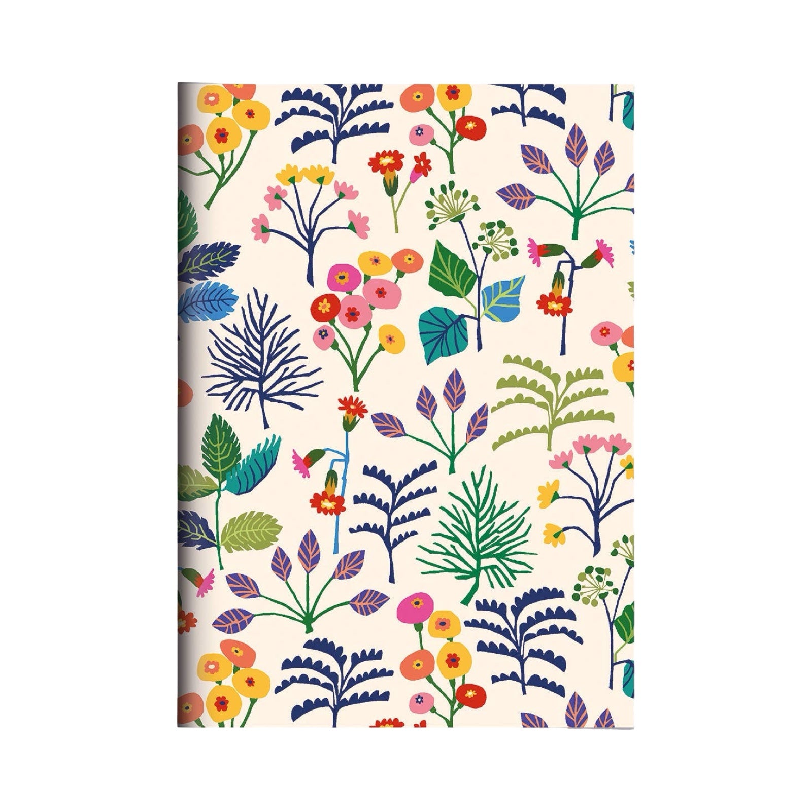 Notebook with colorful floral pattern on a white background.
