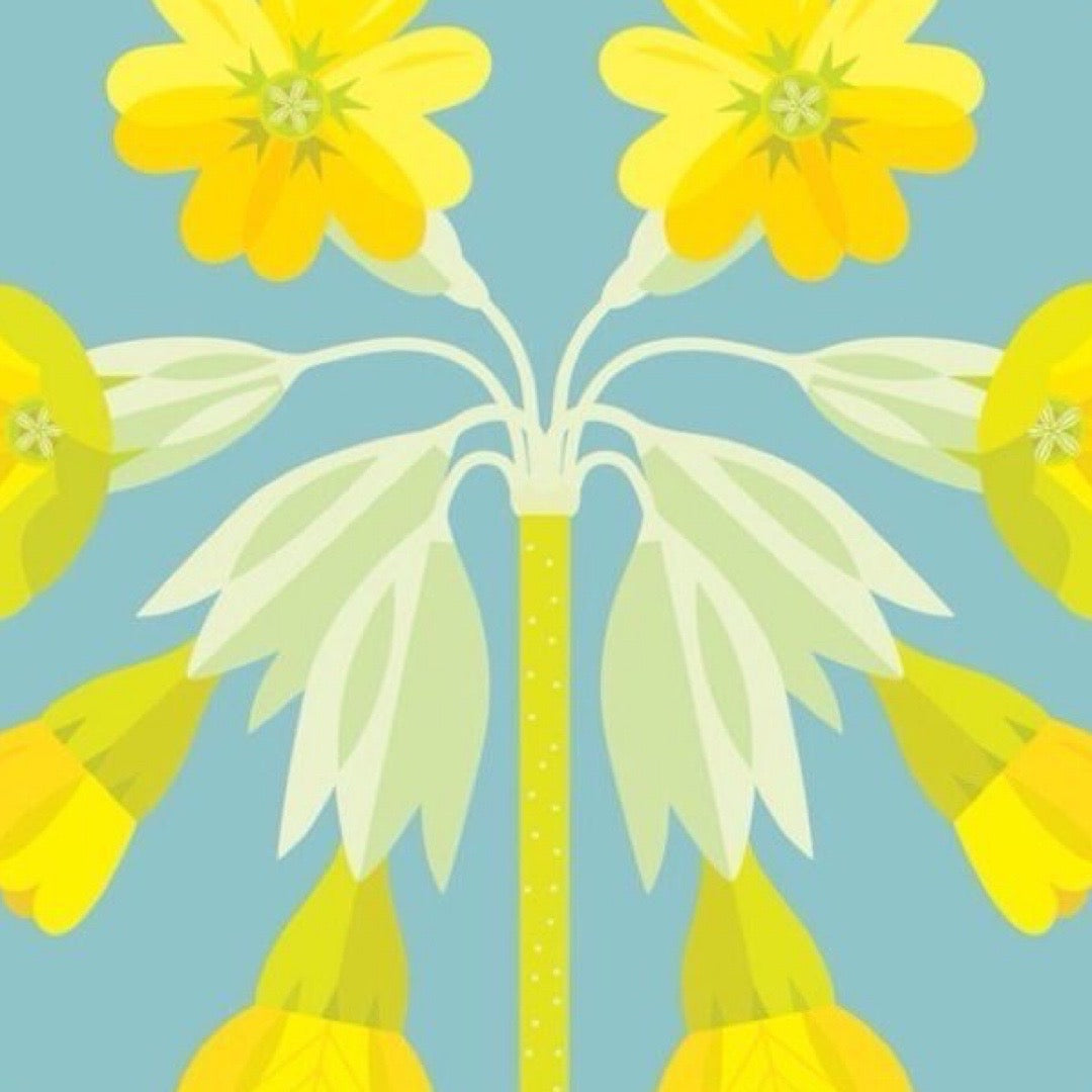A round placemat featuring a cowslip flower abstract design in blue and yellow.