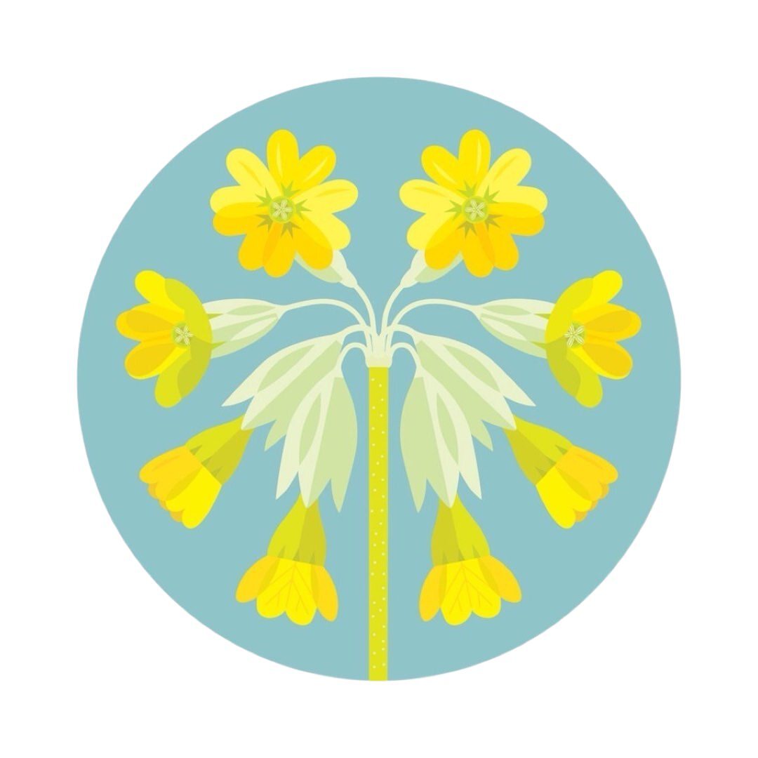 A round placemat featuring an abstract design of yellow cowslip flowers on a blue background, with a central stem extending from the bottom to the top of the placemat.