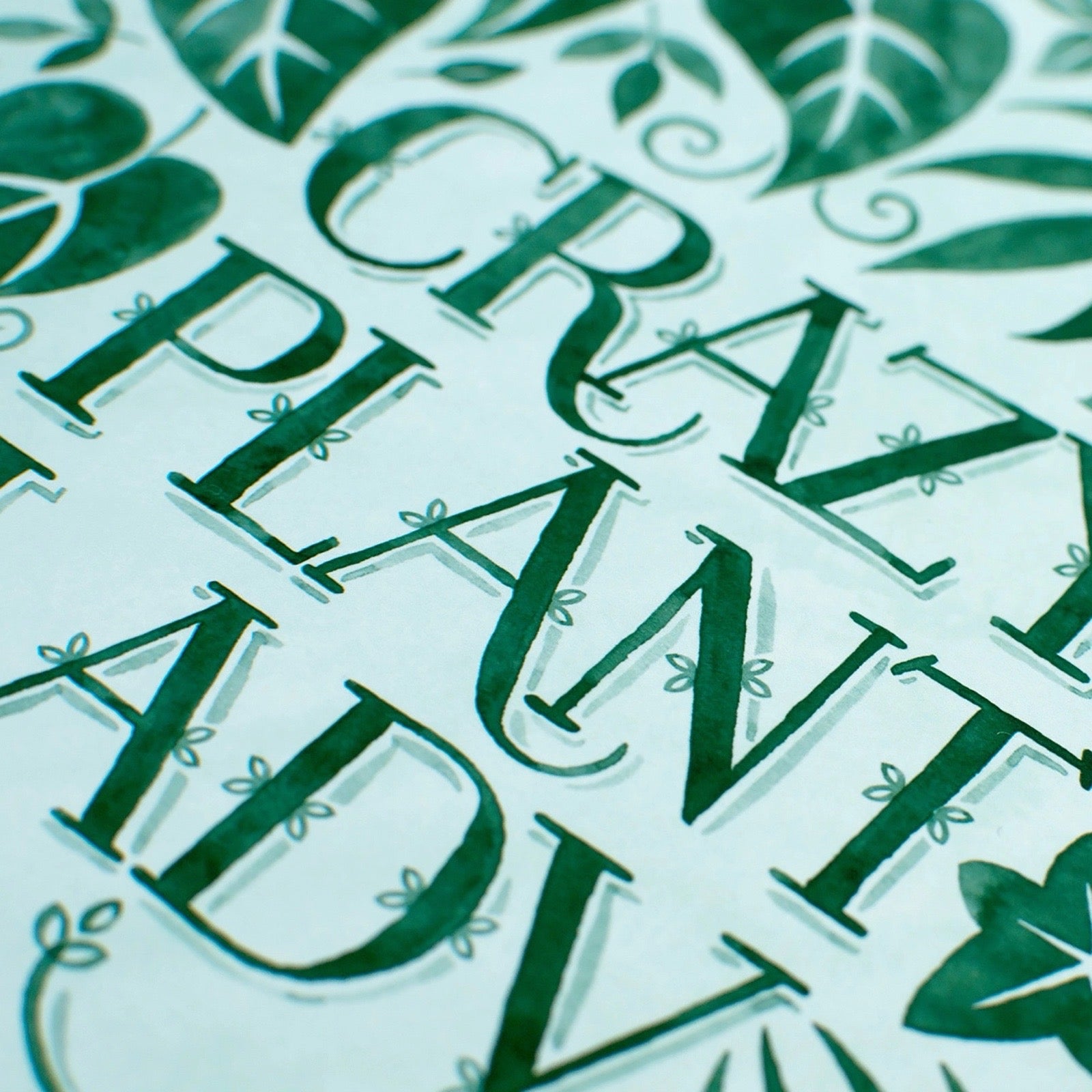 Close-up of decorative text with green leaves on a light blue background.