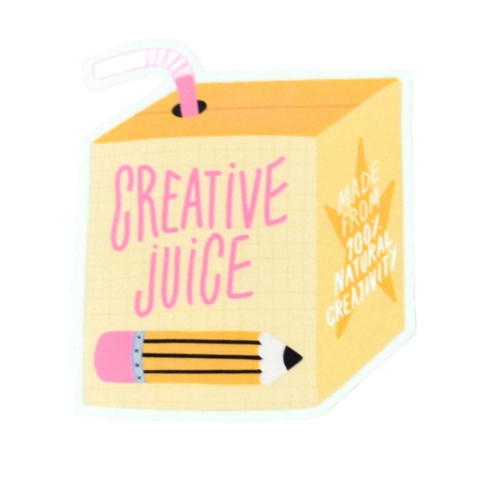Cartoon box sticker labeled 'Creative Juice' with a pencil graphic on a white background.