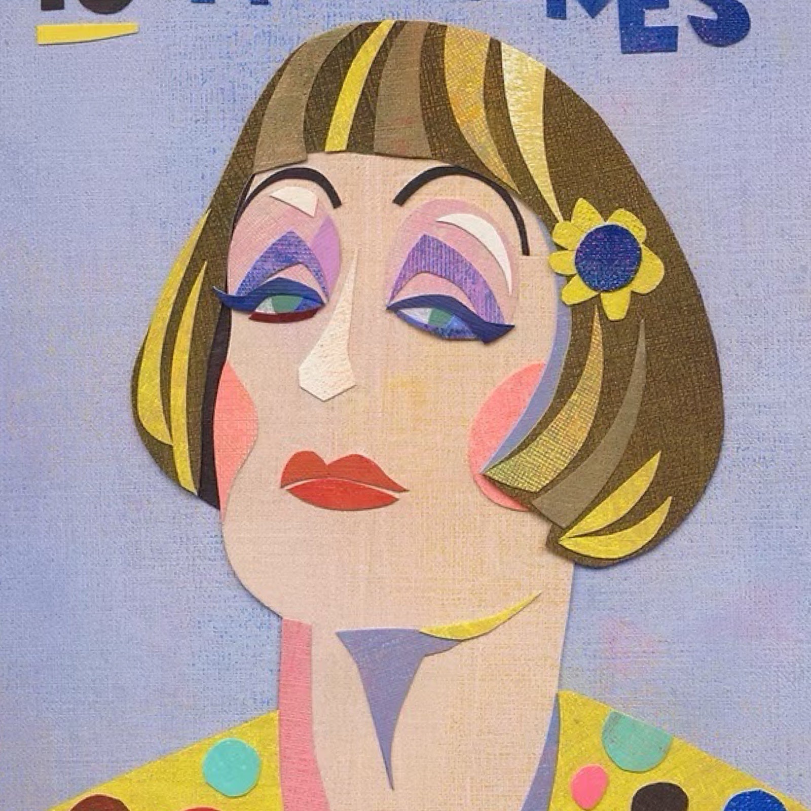 Colorful illustration of a woman's face with abstract design elements on a blue background.