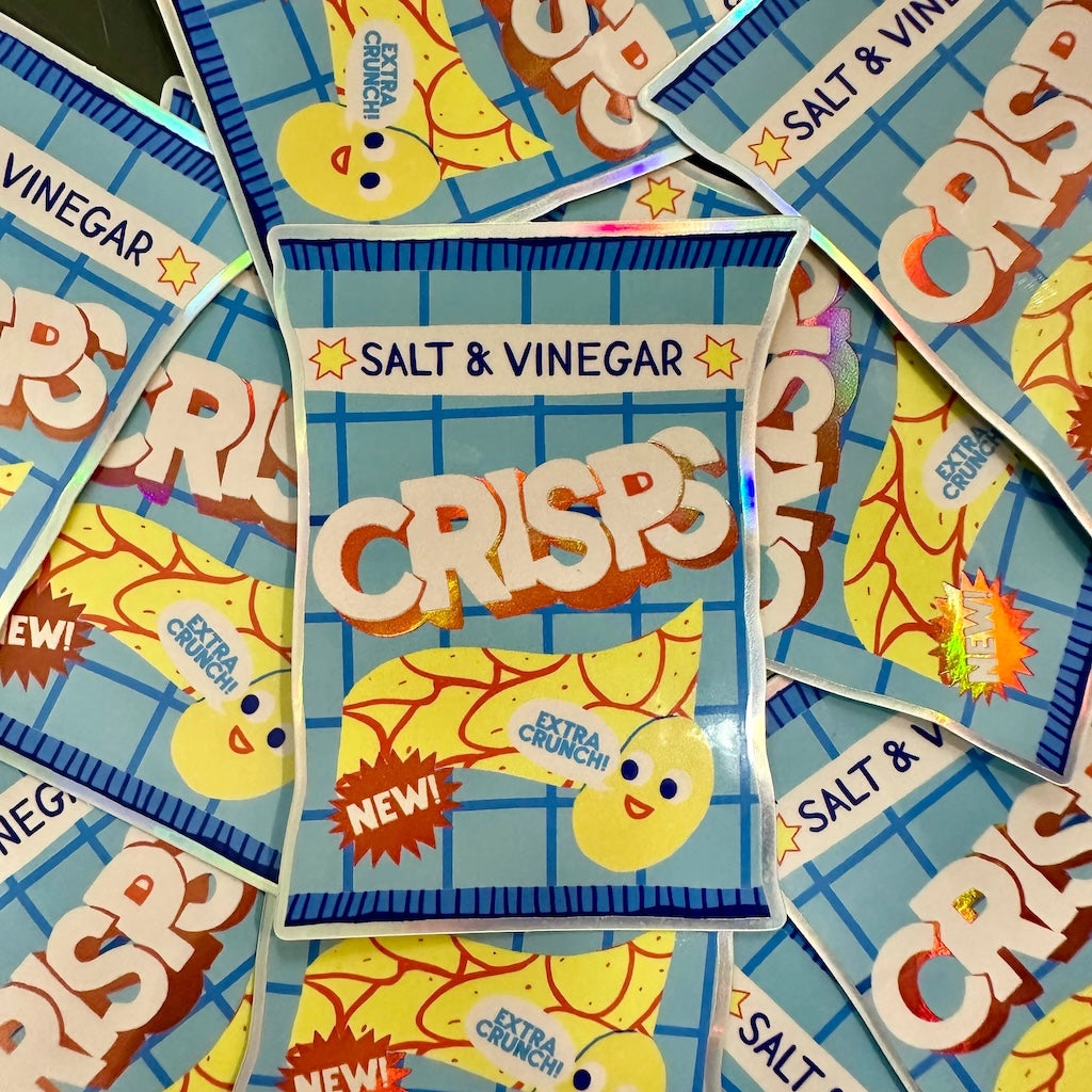 Salt and Vinegar crisps sticker with colorful design, in a pile.