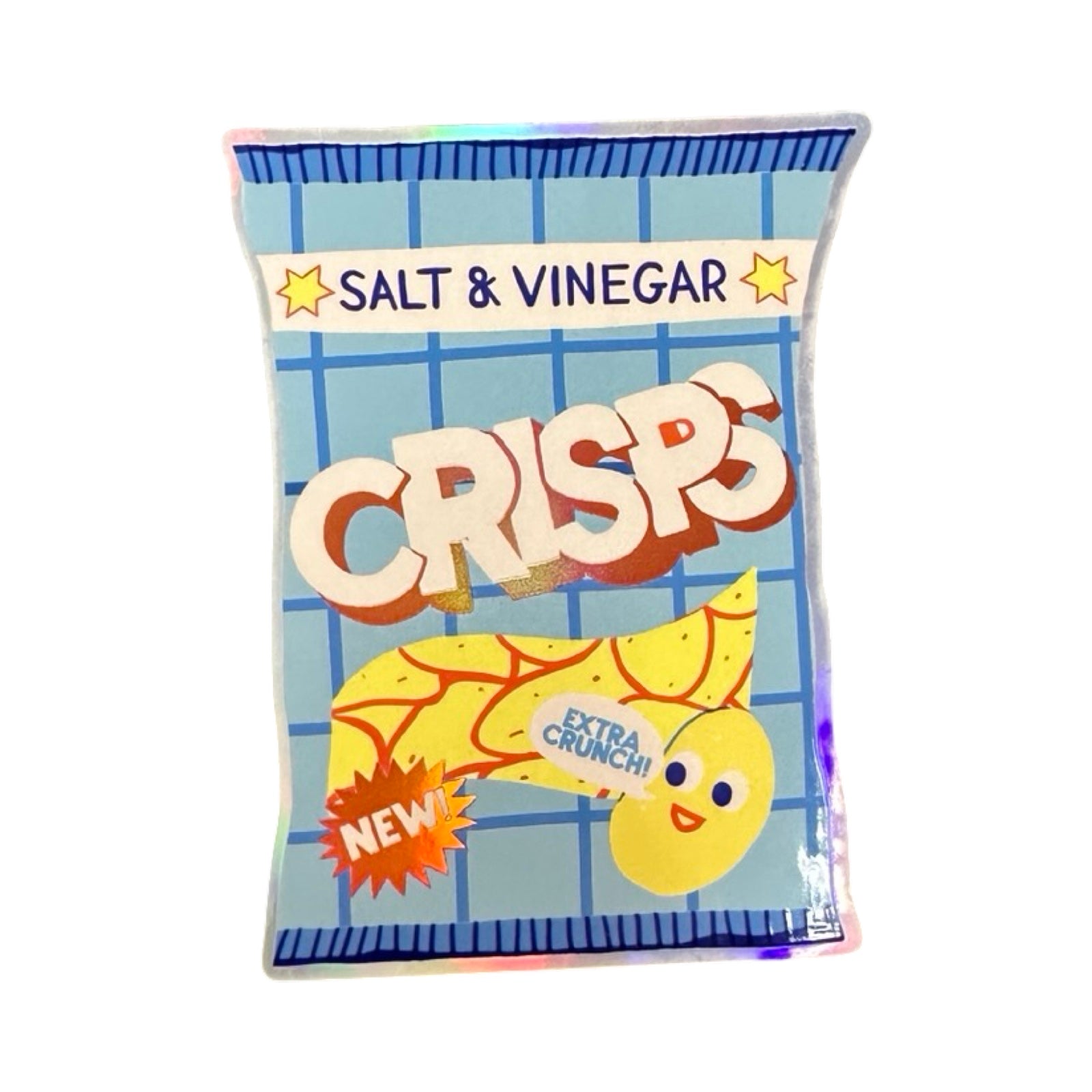 Cartoon-style salt and vinegar crisp packet with a blue checkered background.