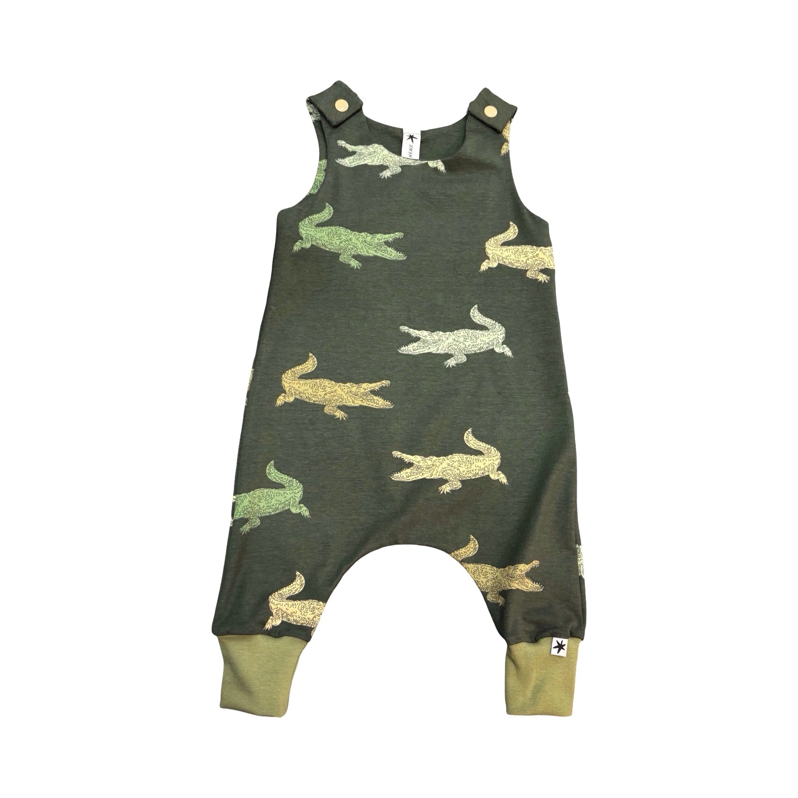 Green baby romper with animal print on a white background.