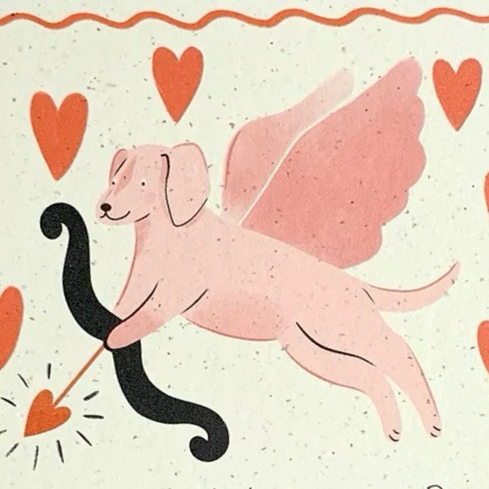 Valentine's card featuring an adorable flying red puppy firing cupids bow, surrounded by love hearts and the text 'Happy Valentine's Day' underneath.
