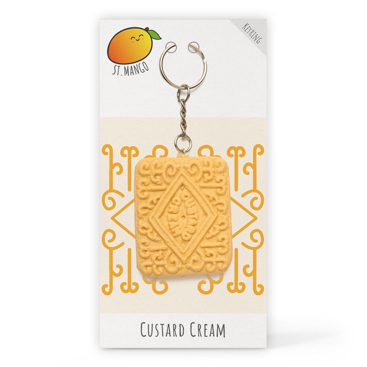 A fun keyring in the shape of a custard cream biscuit, made from polymer clay.