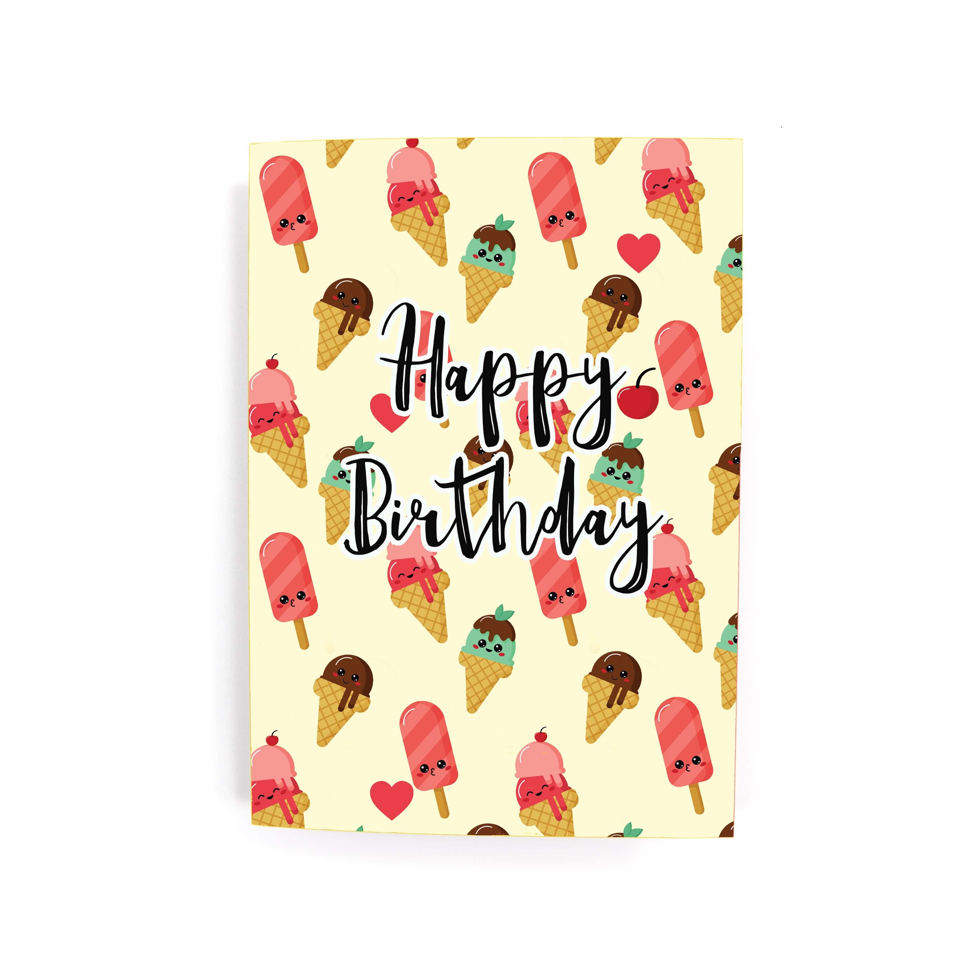 A birthday card with a pattern of cute ice cream cones and the text 'Happy Birthday' across the centre.
