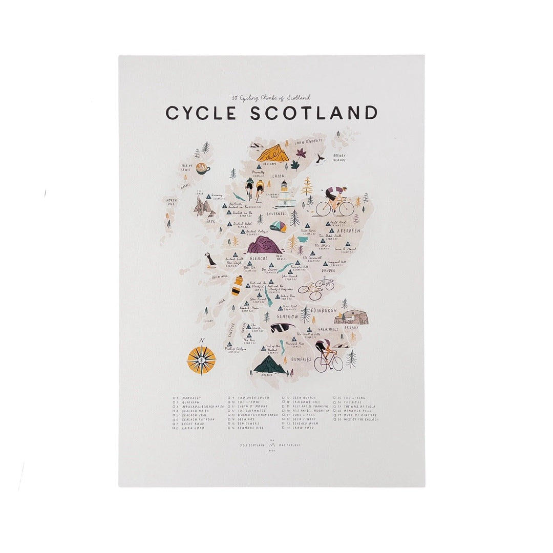 Print of Scotland featuring well-known landmarks such as Ben Nevis and 30 highlighted cycling climbing spots.