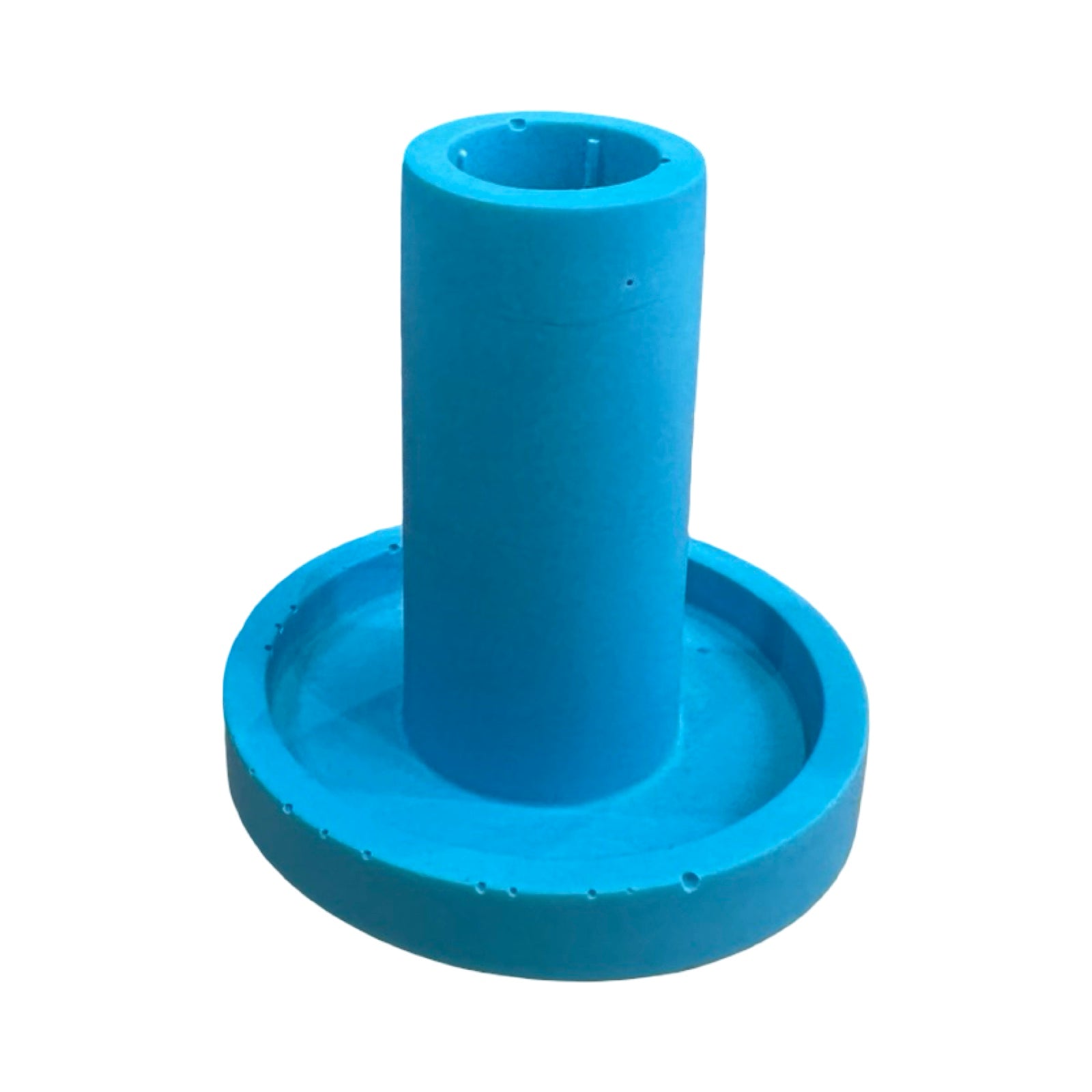 The side of a turquoise cylindrical dinner candle holder with a lip around the bottom to catch any drips.