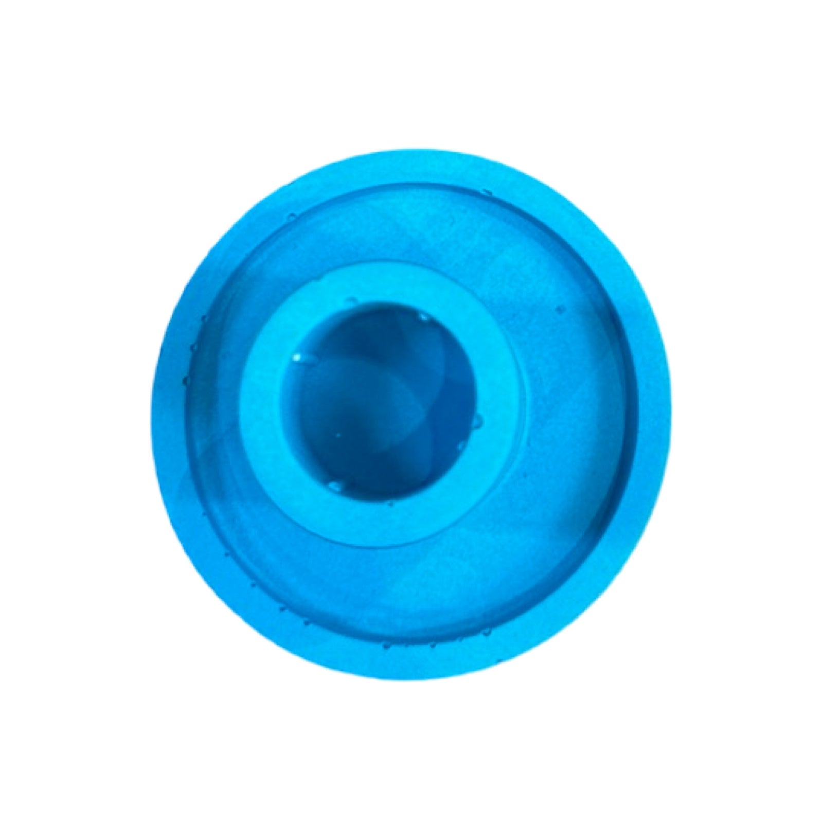 The top of a turquoise cylindrical dinner candle holder with a lip around the bottom to catch any drips.