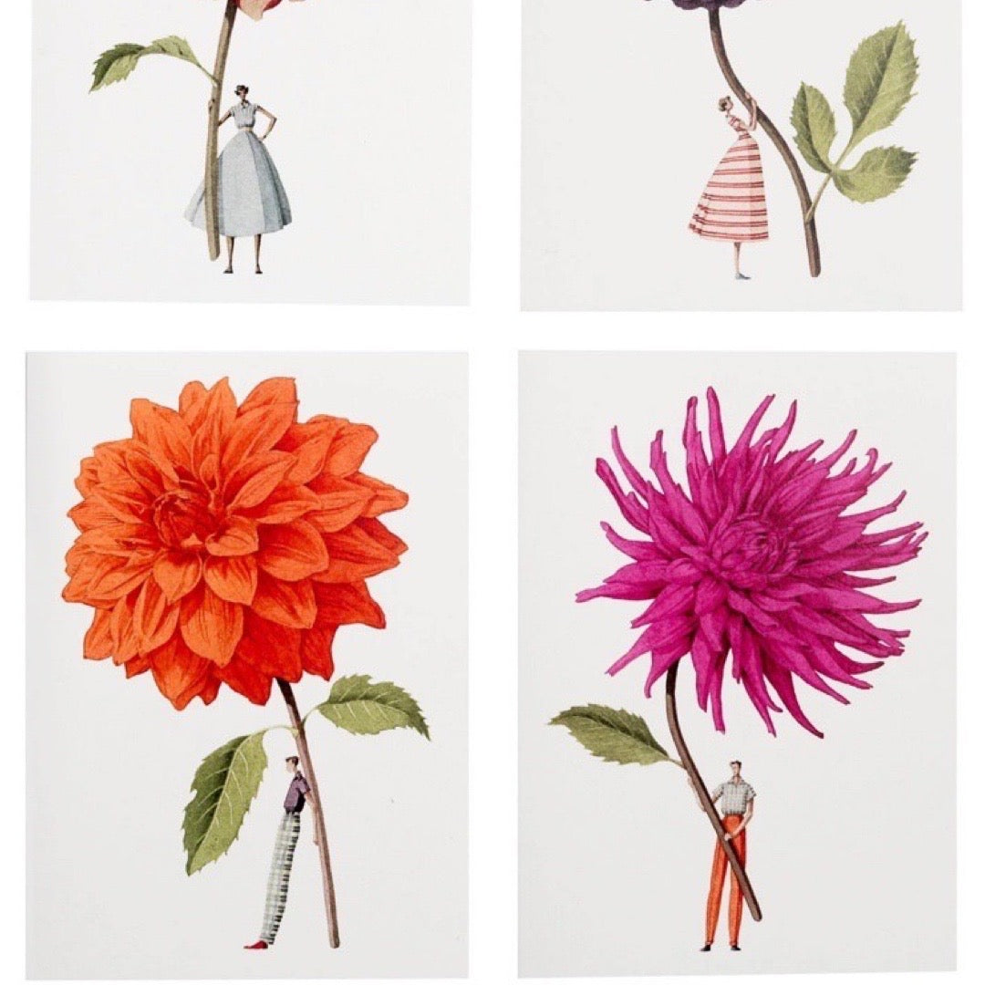 Four illustrations of people standing next to large flowers on a white background.