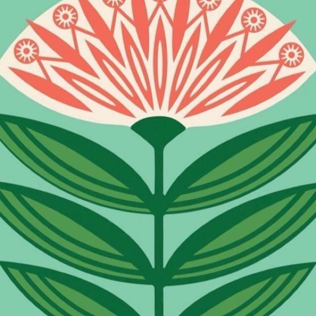 Decorative flower with red petals and green leaves on a teal background.