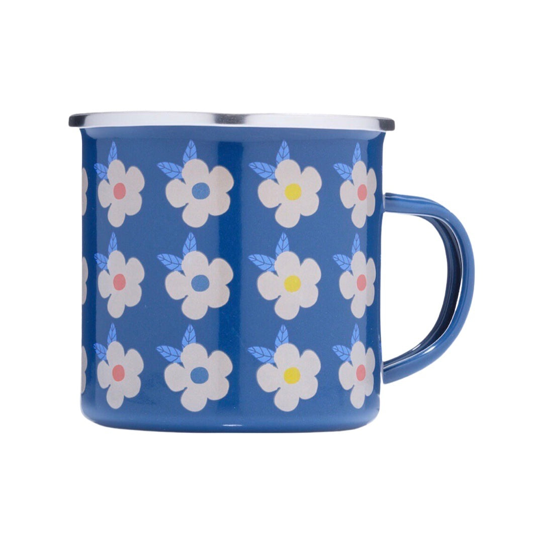 Blue enamel mug with white retro daisies.