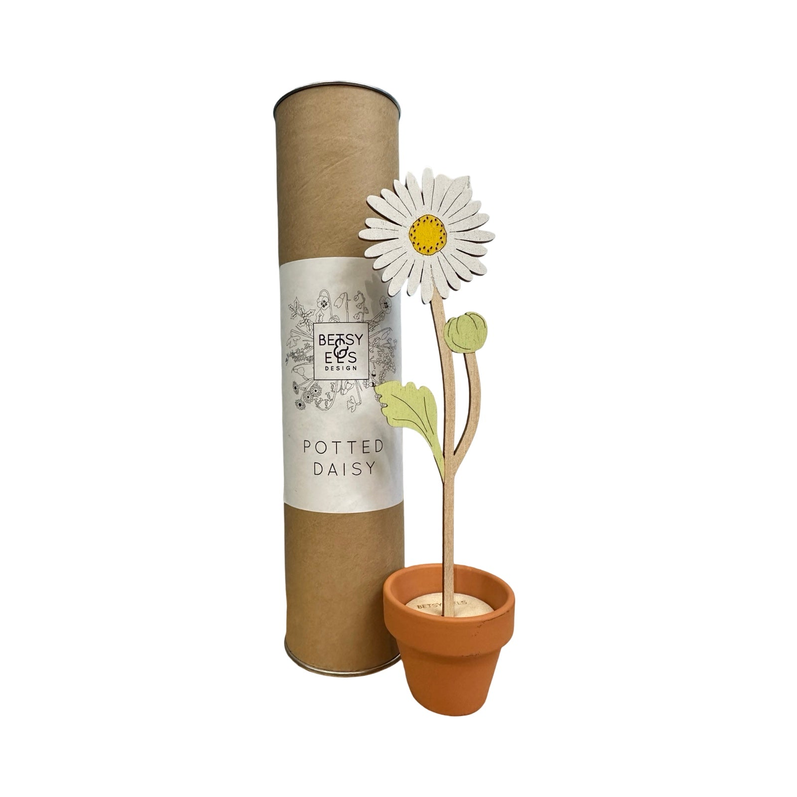 Single daisy wooden stem in a terracotta pot next to a carboard tube.