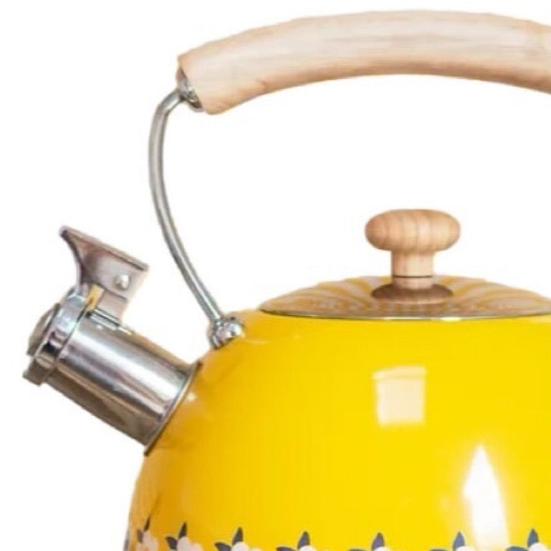Yellow kettle with wooden handle and lid knob on a white background.