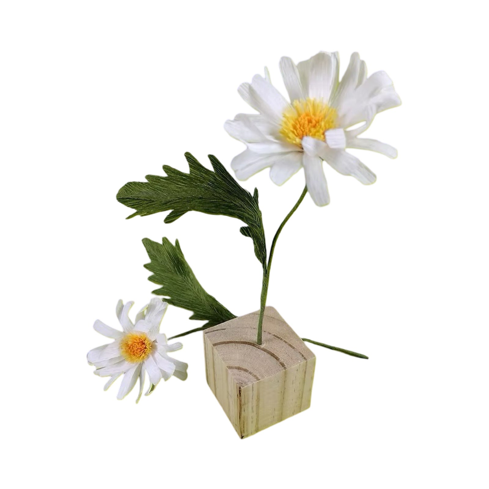 Two artificial daisies with green leaves on a wooden block against a white background.