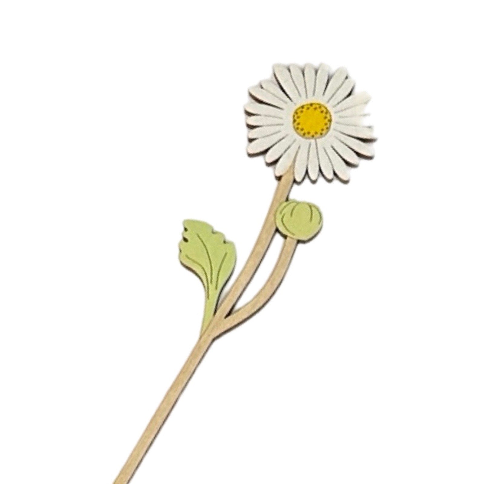 Close up of wooden daisy flower decoration.