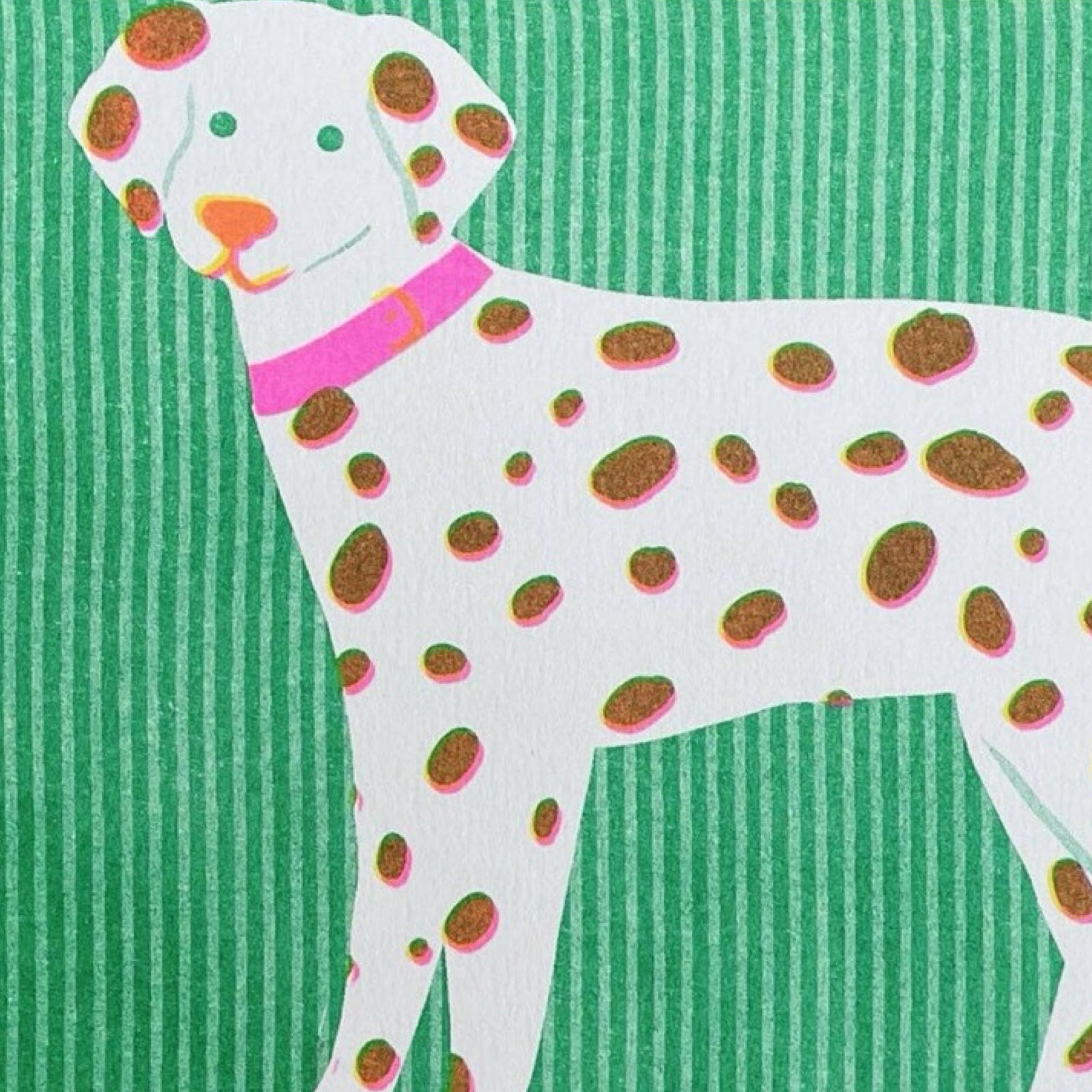 A risograph print of a black and white spotty dalmation (dog) on a green striped background
