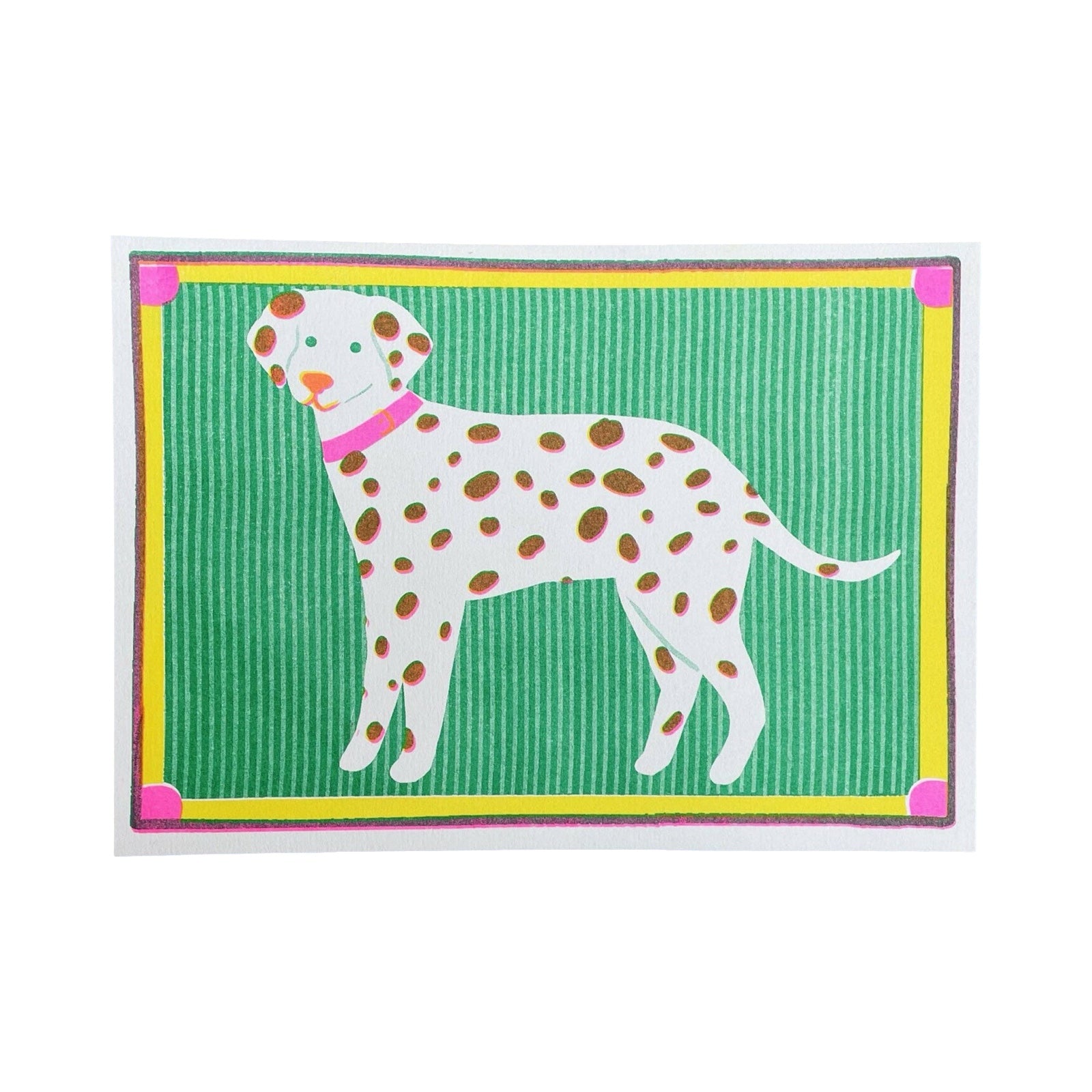 A risograph print of a black and white spotty dalmation (dog) on a green striped background