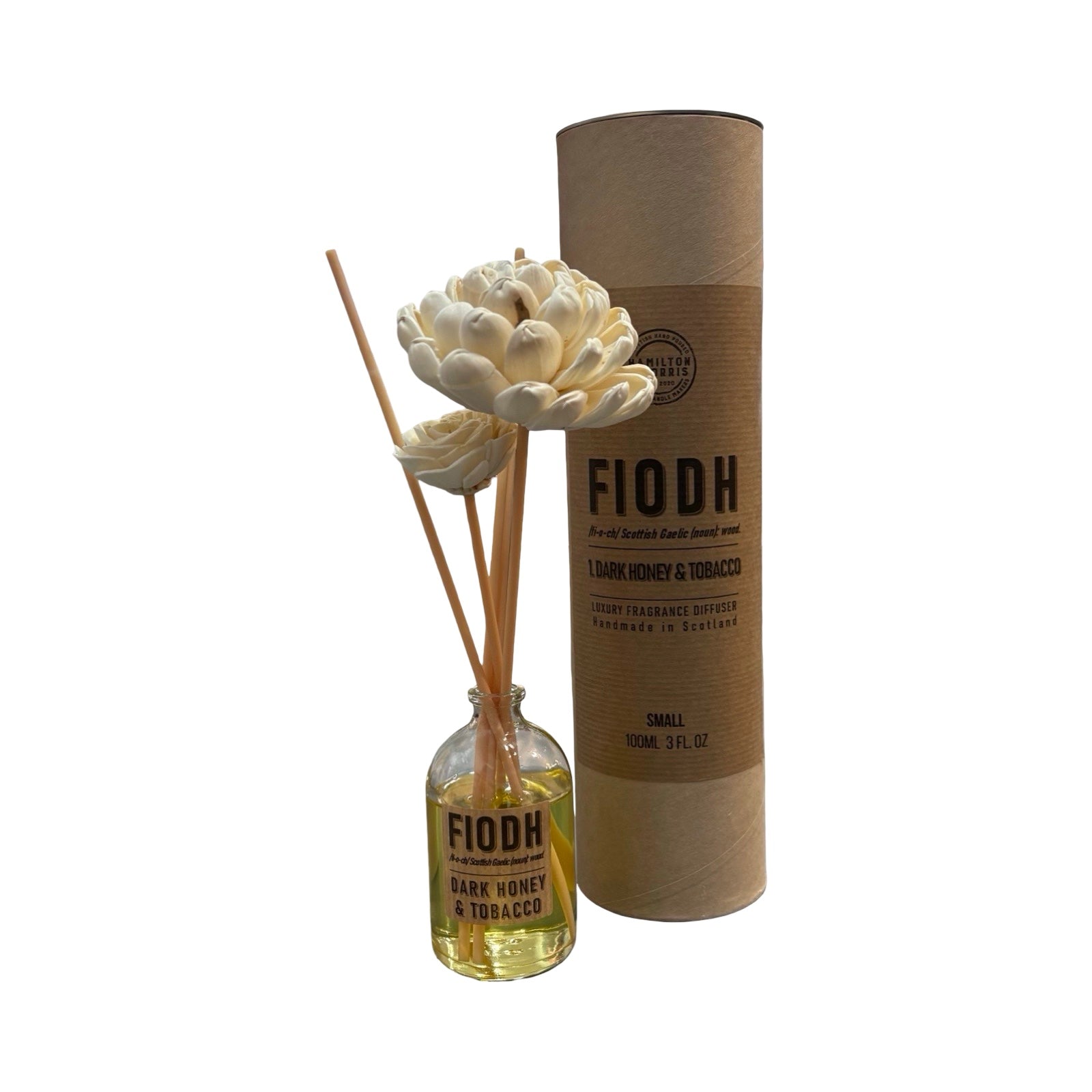 Fiodh diffuser with bottle and cardboard tube on a white background.