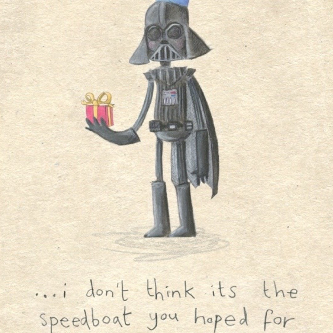 Cartoon of Darth Vader holding a gift with text on a beige background.