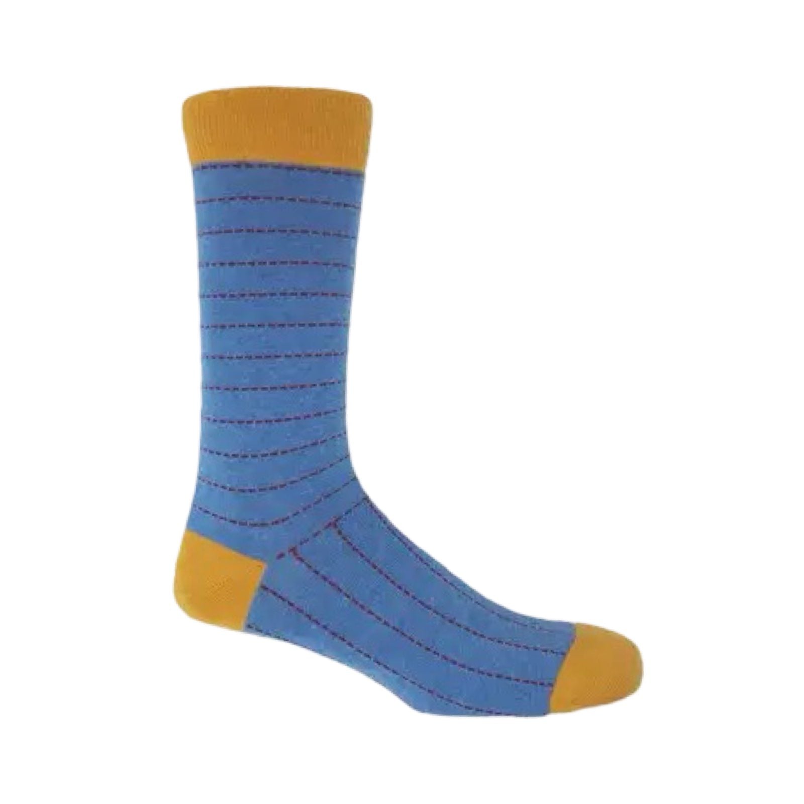 Colourful socks with stripes made from dashes and contrasting heel and toe, each sock has the dashes oppositely.