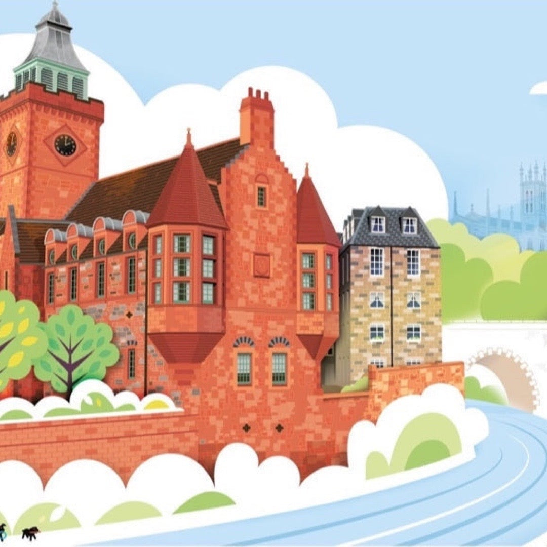 Illustration of a red brick building with a clock tower, surrounded by greenery and water.