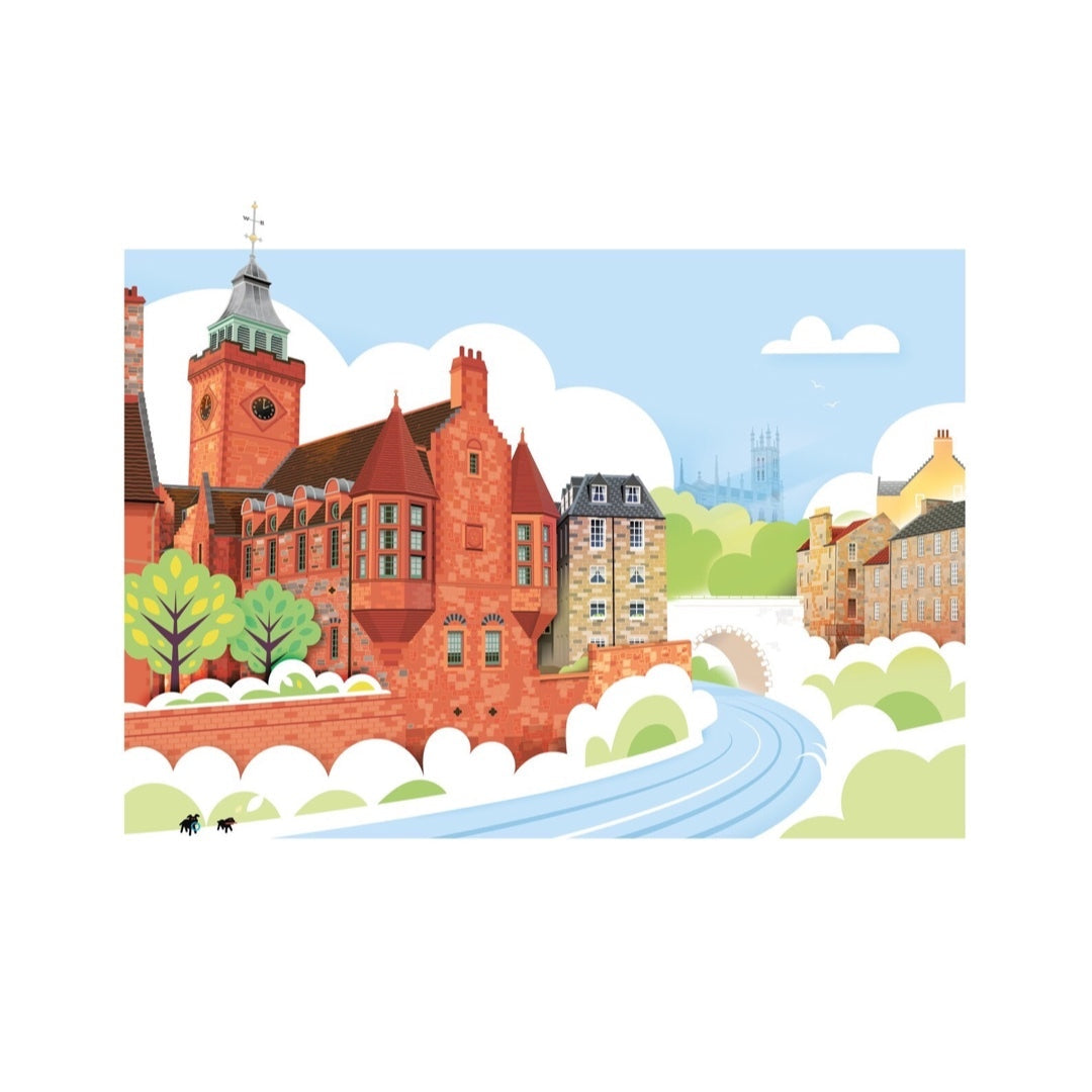 Illustrated postcard depicting the view of Dean Village in Edinburgh, showing a colorful illustration of the village's streets and buildings with a clear blue sky and a few clouds.