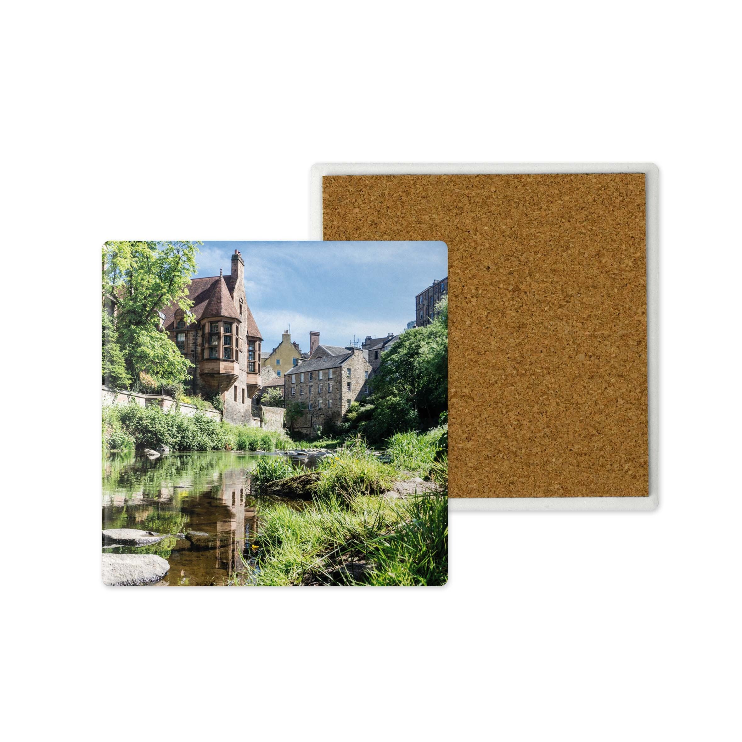 An image of Dean Village Edinburgh on a ceramic coaster.