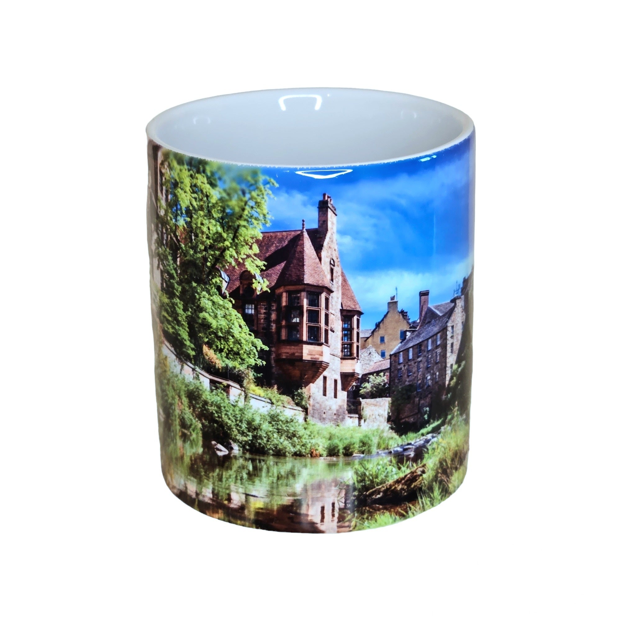 A picture of a mug with Dean Village, Edinburgh printed on it.