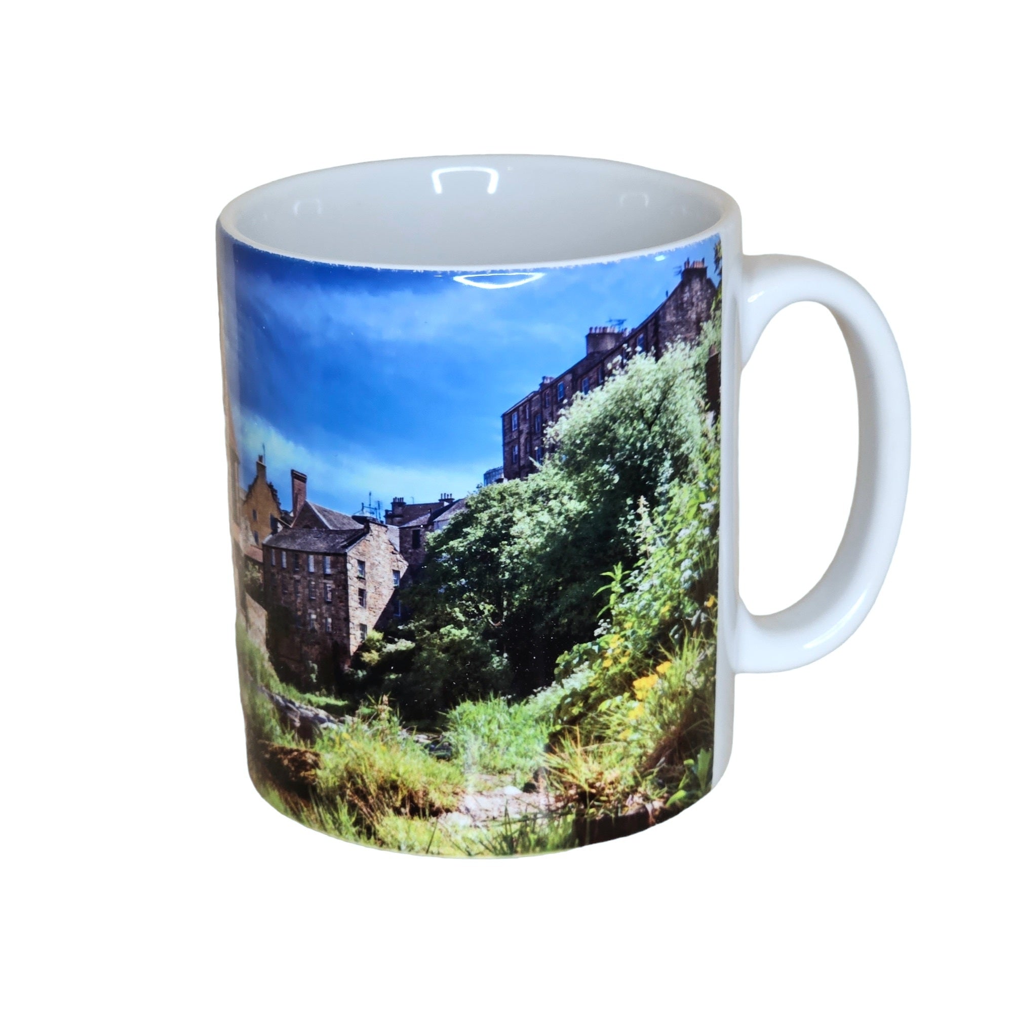 An mug with an image of Dean village Edinburgh printed on it.
