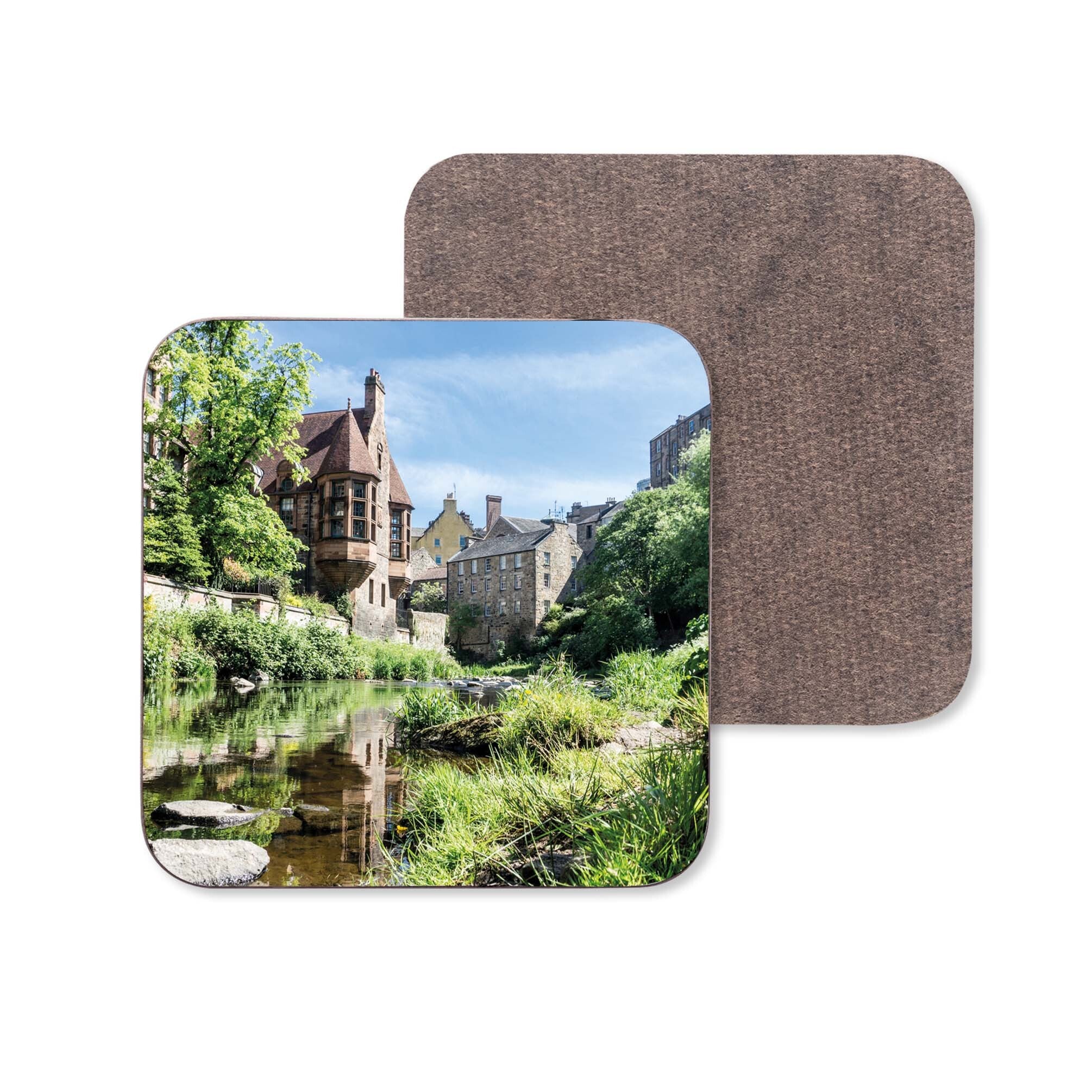 An image of Dean Village Edinburgh on a coaster.