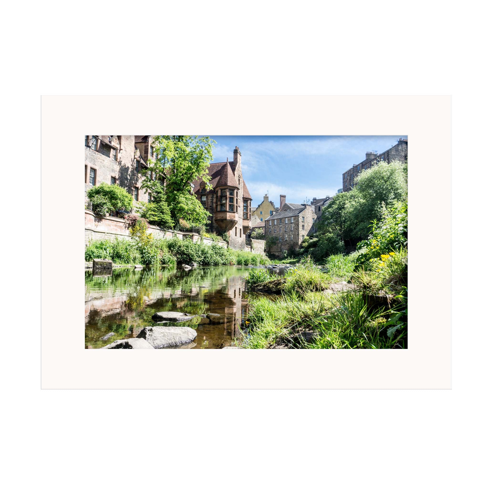 A mounted print of Dean Village, Edinburgh.