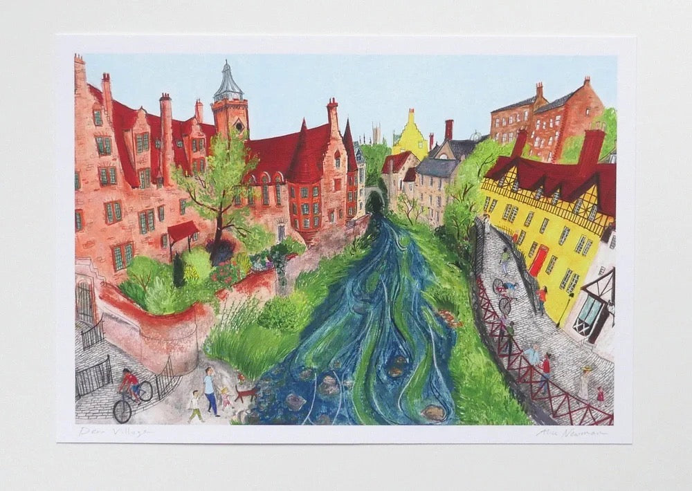Colourful illustration of Dean Village with buildings and people.