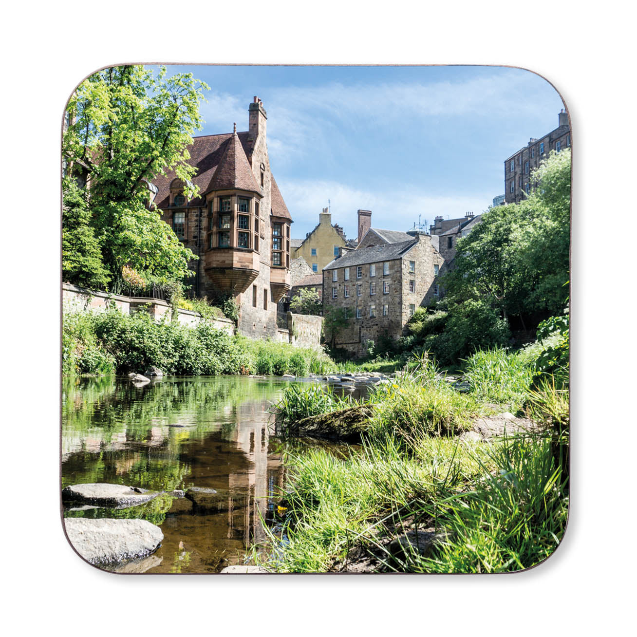 A scene of Dean Village Edinburgh on a coaster.