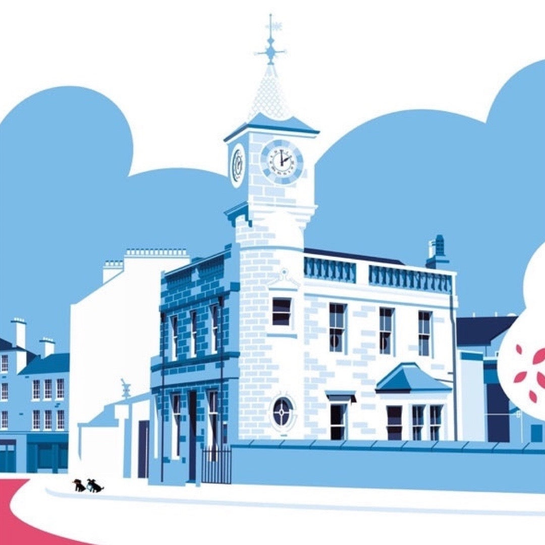 Illustration of a clock tower building with a blue sky and white clouds.