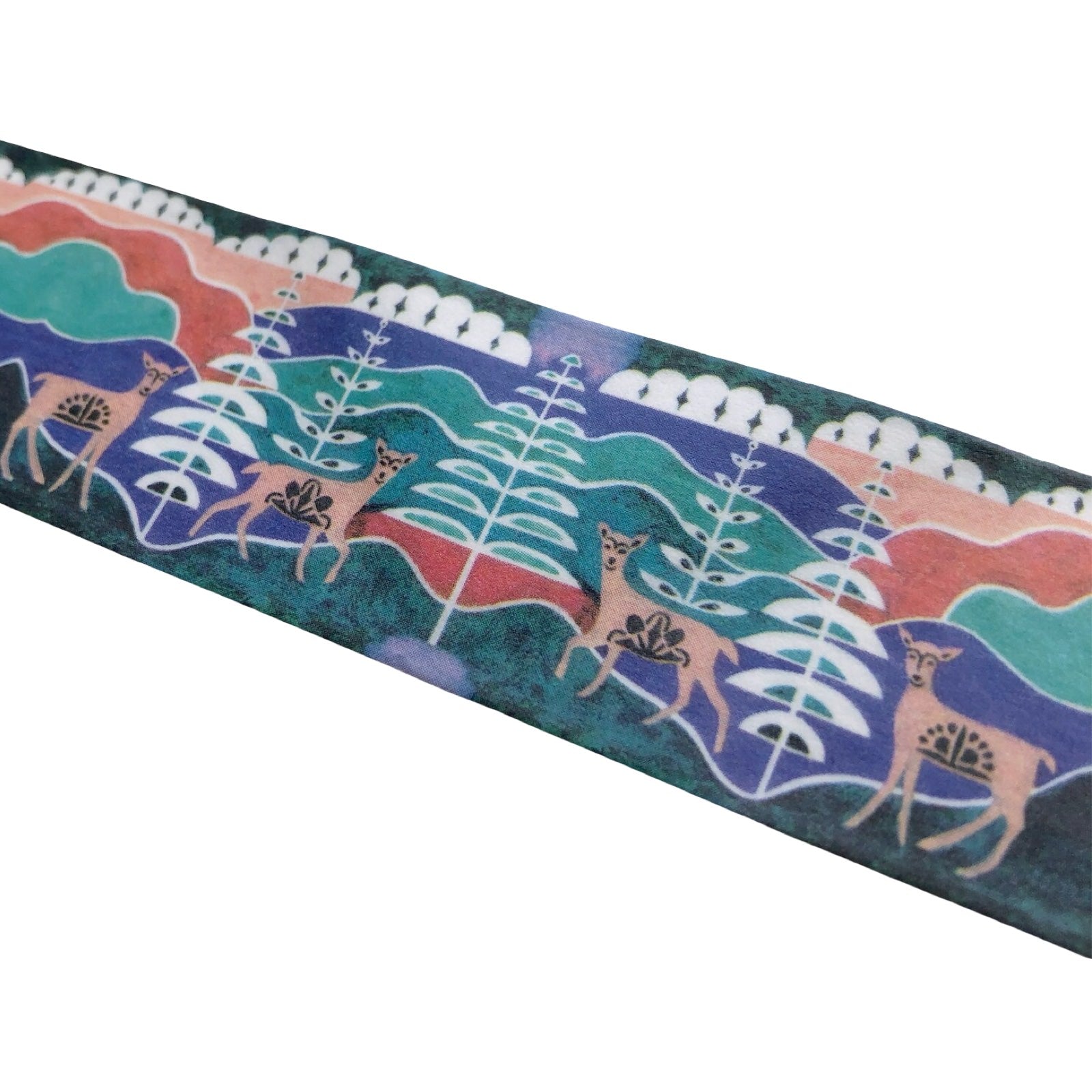 Decorative ribbon with deer and floral patterns on a white background.