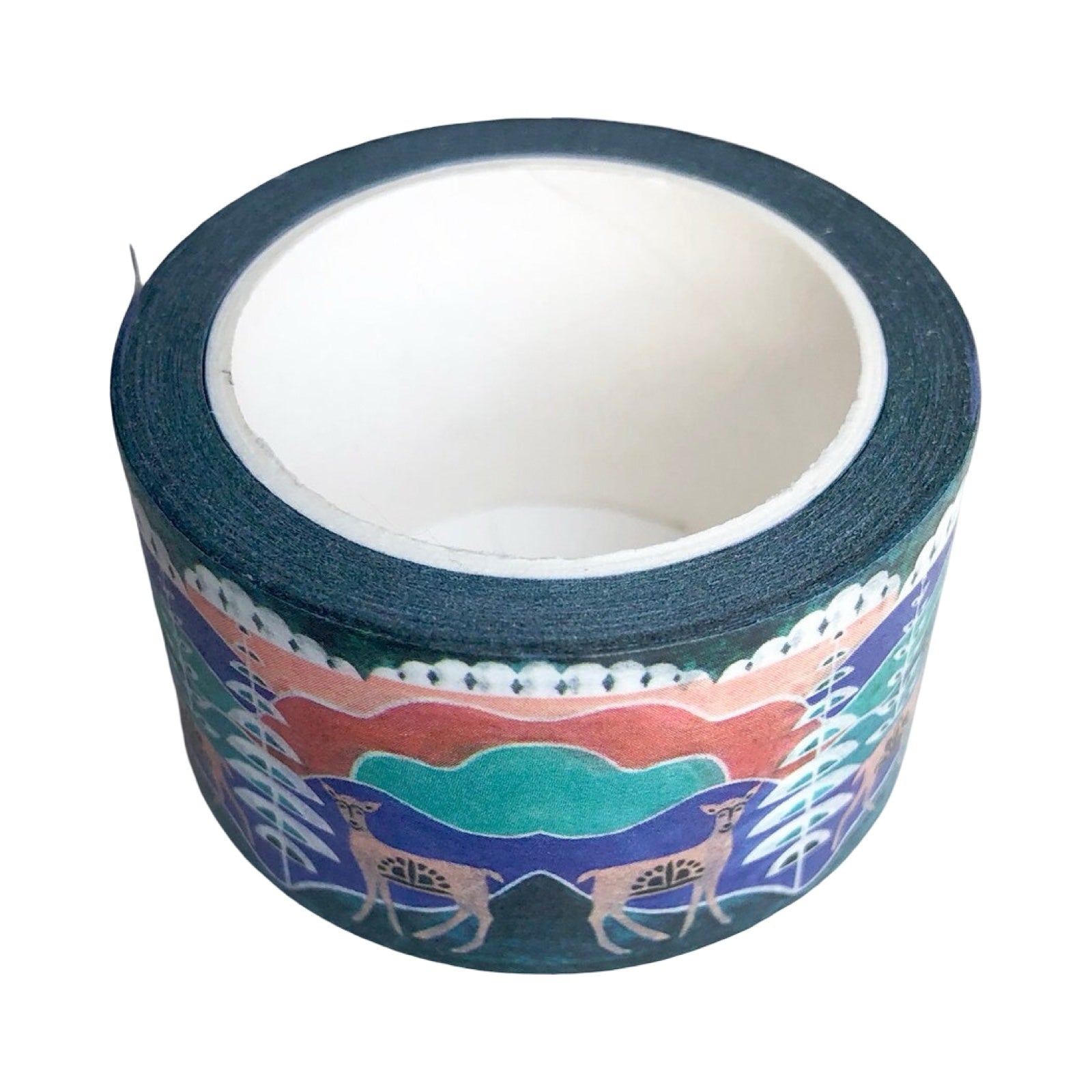 Roll of decorative tape with a deer pattern on a white background.
