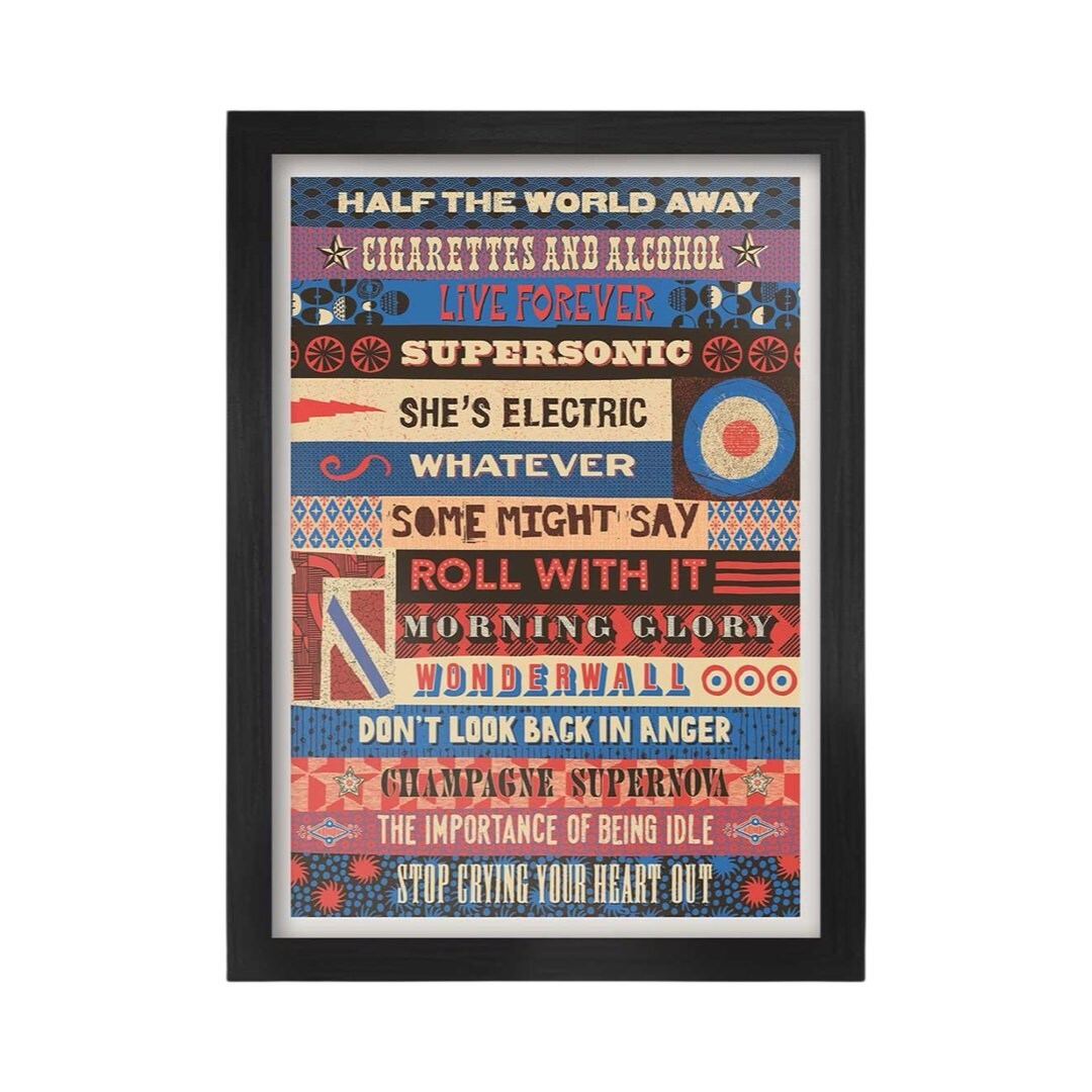 A colorful print featuring a list of Oasis songs with corresponding illustrations, displayed in a frame.