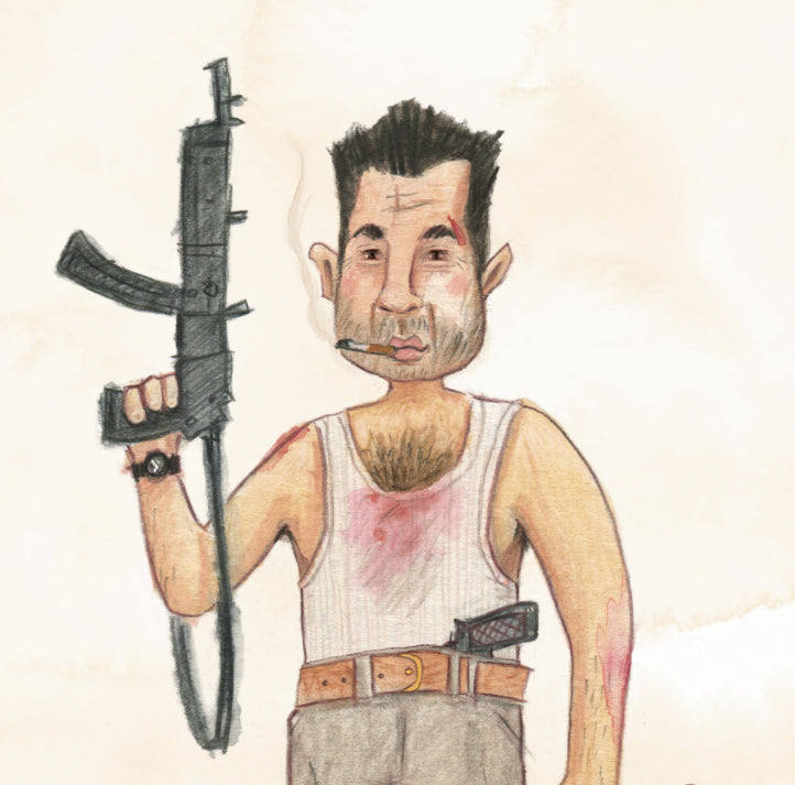Christmas card featuring an illustration of Bruce Willis's character John McClane from the 'Christmas' film Die Hard.