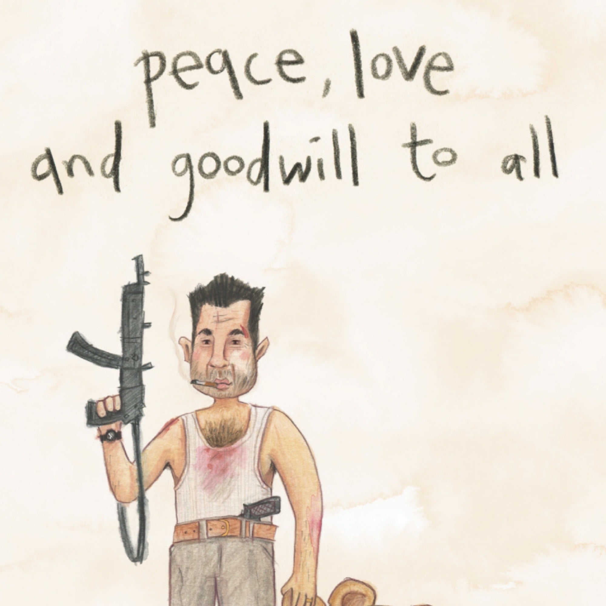 Cartoon character holding a rifle with text 'peace, love and goodwill to all' on a beige background.